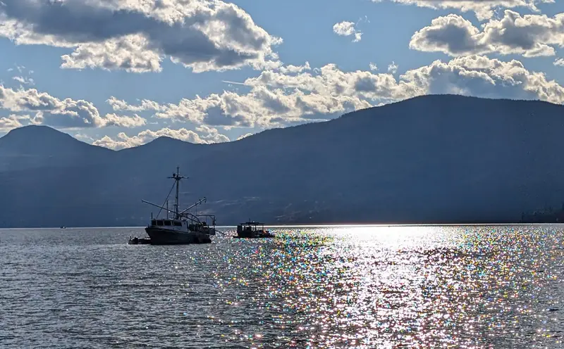 Sunlight sparkling on Okanagan Lake behind a moored boat